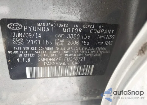 2015 Hyundai Elantra Se from USA, damaged, VIN KMHDH4AE1FU248721